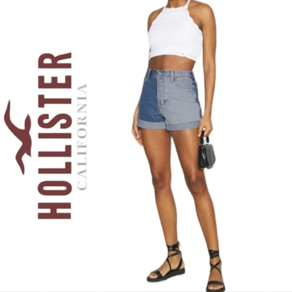 Hollister Ultra High Rise Vintage Stretch Colorblock Denim Shorts Raw Hem 0